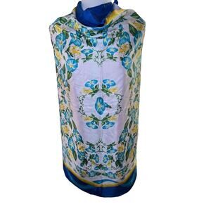 Vintage Woman Scarf Godiva Blue White‎ Green Yellow Silk Morning Glory Classic